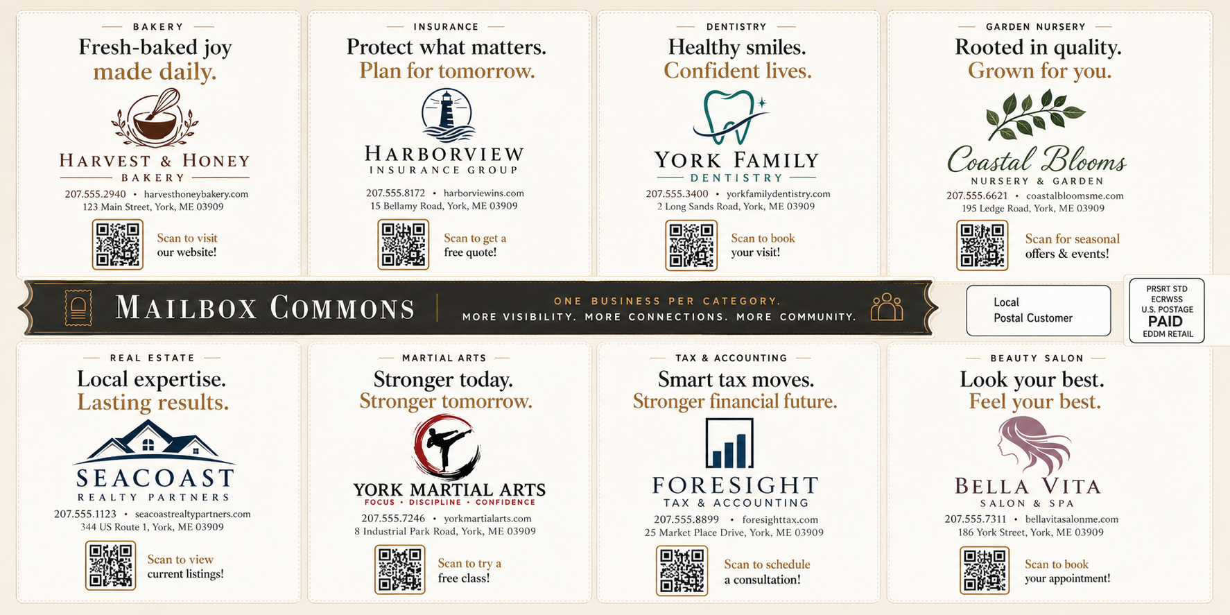 Mailbox Commons 6×11 Local Card -- sample business layout